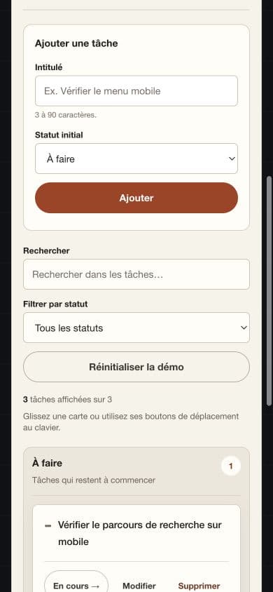 Vue mobile de NeoTasks avec formulaire, filtres et colonne À faire