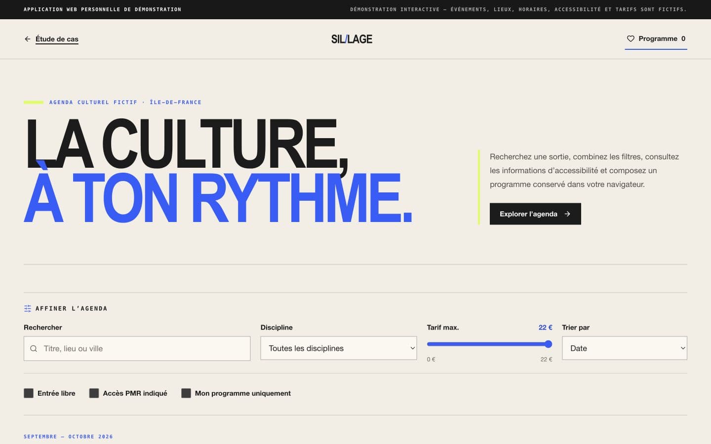 Interface desktop de Sillage avec recherche, filtres et programme chronologique